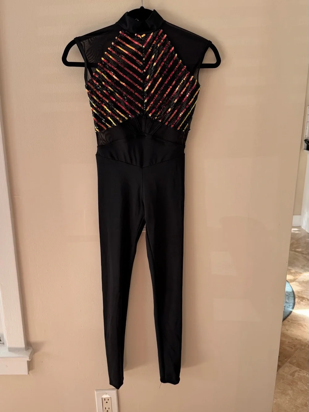 Weissman Dance Costume Black Sequin-Detail Jumpsuit with Multicolor Accents MC